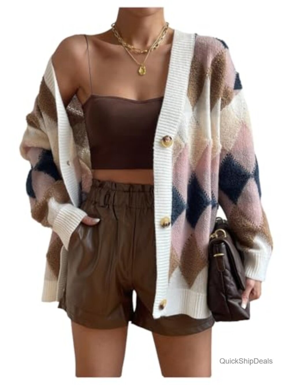 Argyle Plaid Button Down V Neck Long Sleeve Cardigan Sweater